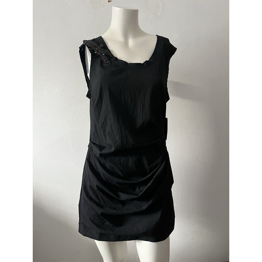 Vera Wang Black Dress 8 Dragonfly Applique Ruched Party Festive Cotton LBD NYE